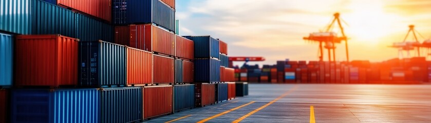 Vibrant sunset over stacked shipping containers at a busy port, showcasing logistics and transportation.