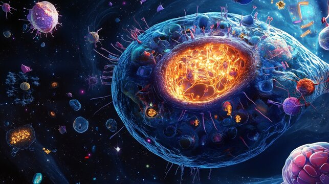 A digital illustration of an animal cell, with a focus on the nucleus, nucleolus, and surrounding cytoplasm, featuring various organelles like the Golgi apparatus and lysosomes