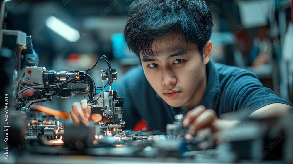 Poster a young man is working on a robot in a workshop
