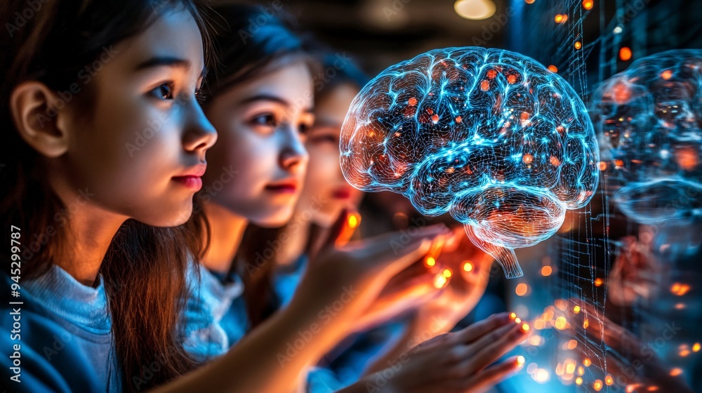 Poster Asian students learning about the structure of the brain using a 3D hologram in a neuroscience class Stock Photo with copy space