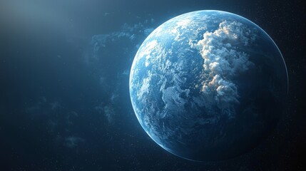 Blue Water Planet : Detailed view of a water-rich exoplanet with deep blue oceans and cloud cover