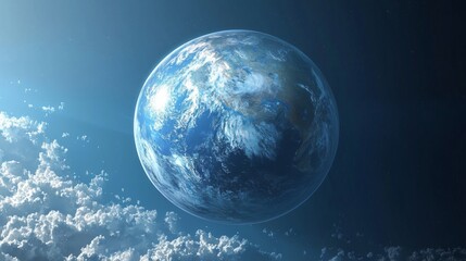 Blue Water Planet : Detailed view of a water-rich exoplanet with deep blue oceans and cloud cover