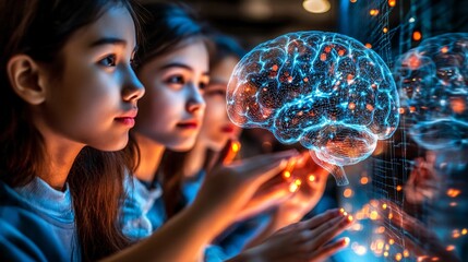 Asian students learning about the structure of the brain using a 3D hologram in a neuroscience class Stock Photo with copy space