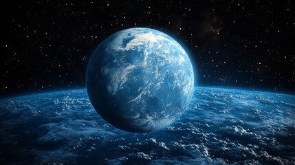 Blue Water Planet : Detailed view of a water-rich exoplanet with deep blue oceans and cloud cover