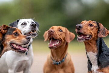 Group of dogs barking in unison during a socialization circle, showcasing diverse breeds and lively interaction.