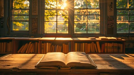 Fototapeta premium An open book lies on a wooden desk in the front of a classroom, bathed in the warm light streaming through the windows