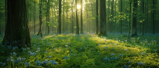 Serene Sunlit Forest Glade with Wildflowers in Full Bloom