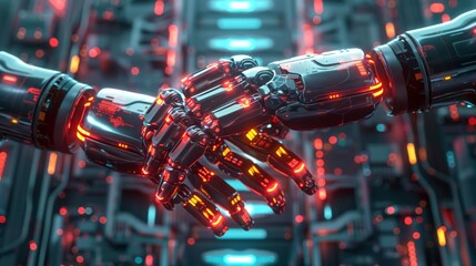 Fototapeta premium Robotic Handshake in Neon-lit Futuristic Environment