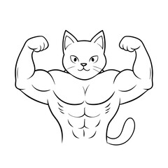 Fototapeta premium Muscular Cat Flexing Arms, Strong, Black and White Illustration