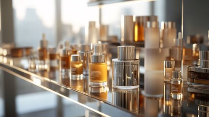 An elegant arrangement of skincare products, such as rejuvenating serums and nourishing creams, displayed on a glass shelf with a reflection adding depth to the image
