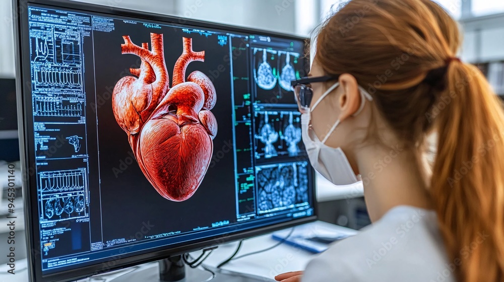 Poster students learning about the cardiovascular system with a 3d holographic heart in a medical school st
