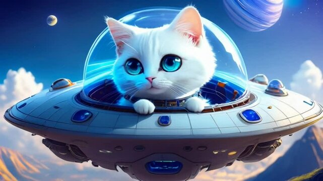 綺麗な白猫のパイロットがUFOに乗ってぼーっとしている
