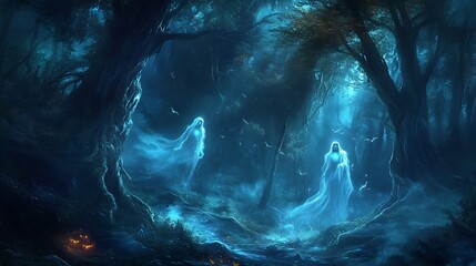 Fototapeta premium Ghostly Encounters: Phantoms in Dark Forest under Moonlight - Halloween Theme