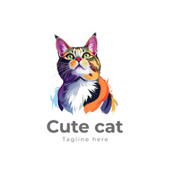 Colorful cat vector artwork on white background.  Cartoon Cat logo design. Cute Cat illustration for cat lover