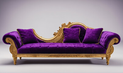 A purple chaise lounge with gold accents sits against a white backdrop