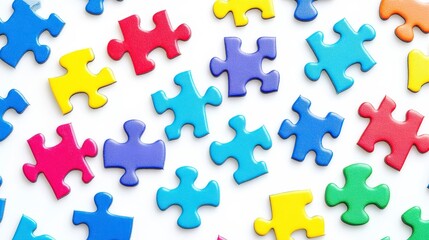 Naklejka premium A colorful assortment of jigsaw puzzle pieces scattered on a white surface.
