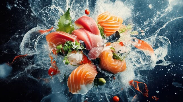 A vibrant splash of fresh sushi with colorful fish and greens against a dramatic backdrop. Perfect for food lovers and culinary art.