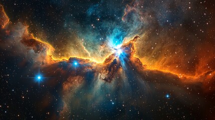 Close-up of a binary star system in a vibrant nebula