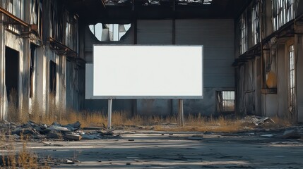 Obraz premium An empty billboard stands in a derelict warehouse, surrounded by decay and nature reclaiming the space.