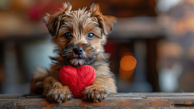 A brown and fluffy puppy holding a red heart with a cute and affectionate expression.