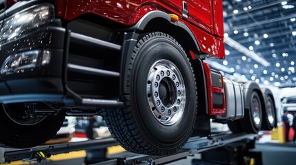 Obraz premium Truck on a lift at a truck service station. close-up of a car's undercarriage.