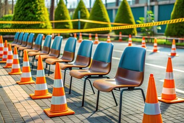 Empty public seat with caution tape and orange cones blocking adjacent chairs, enforcing safe physical distance in a post-pandemic era community space.