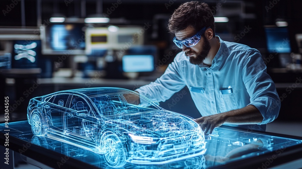 Aufkleber Engineer analyzing the internal components of a car through a 3D holographic display Stock Photo with copy space