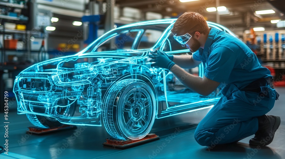 Poster Mechanic in a futuristic garage using a 3D hologram to inspect vehicle diagnostics Stock Photo with copy space