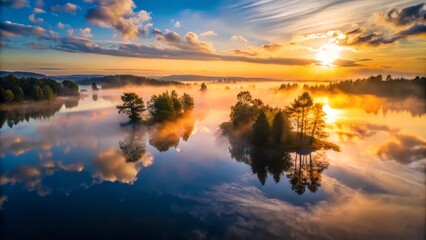 Moody Atmospheric Silhouettes Dawn Softbox Illumination Remote Aerial Vista Capturing Morning Fog Mirrored Calm Water Reflections Nature's Serenity
