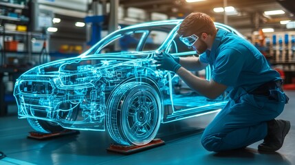 Mechanic in a futuristic garage using a 3D hologram to inspect vehicle diagnostics Stock Photo with copy space