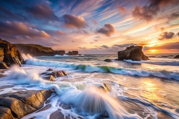 Frothy winter waves crash against weathered rocks, dramatic contre-jour illuminating a deserted cove, soft pastel hues of dawn on a chilly January morning.
