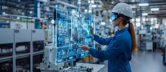 Naklejka premium Engineer examining a holographic blueprint for machinery maintenance and repair Stock Photo with copy space