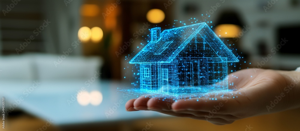 Poster homeowner using a 3d hologram to monitor home security and climate control stock photo with copy spa