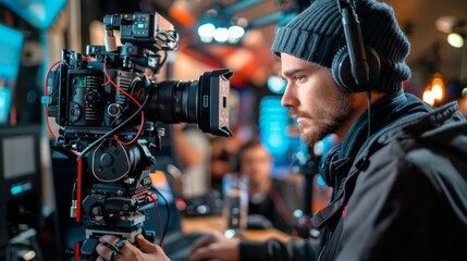 Man Operating Professional Camera on Set