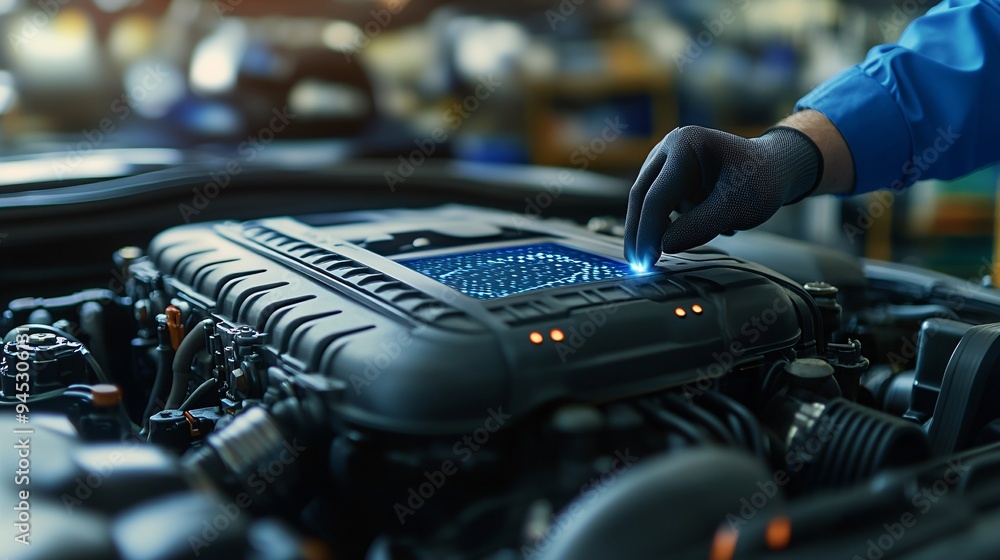 Poster Mechanic using a 3D hologram to analyze car engine performance in a high-tech auto shop Stock Photo with copy space