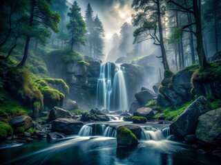 Moody dark misty atmosphere eerie black rocks whispering waterfall secrets ancient forest foggy veil mysterious solitude cinematic summer mystery