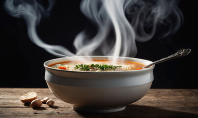 A bowl of steaming soup sits on a wooden table, ready to be enjoyed