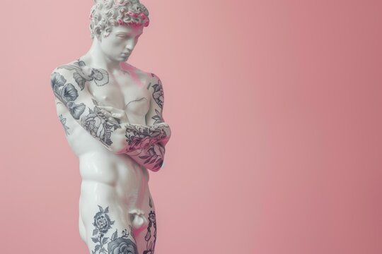 A tattooed marble statue with floral designs against a pastel pink background showcasing a modern artistic twist