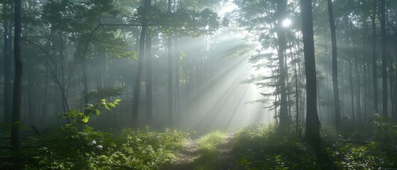 Fototapeta premium Enchanted Forest Path in the Fog - Tranquil Nature Scene with Sunlight Peeking Through Trees