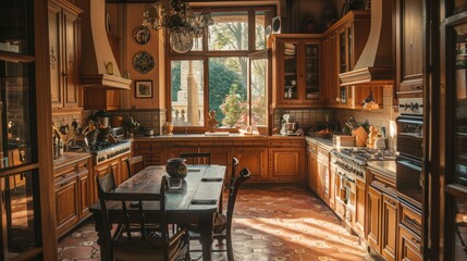 A warm, inviting kitchen with wooden cabinets and a sunlit dining area.