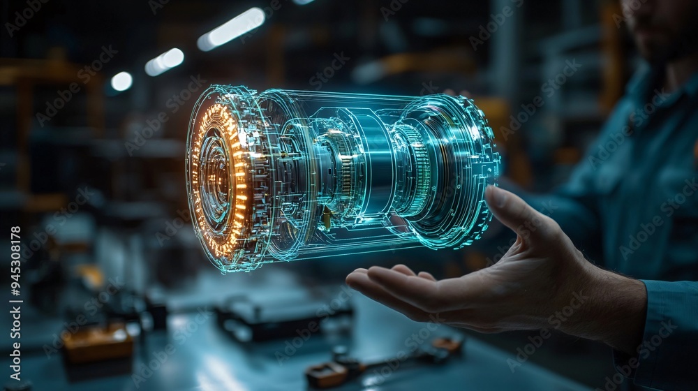 Poster mechanic inspecting car transmission components using a 3d hologram in an advanced garage stock phot