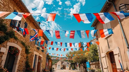 Blue white red french flags patriotic garlands decorating a village square, July 14 party, National Day celebration panoramic web banner