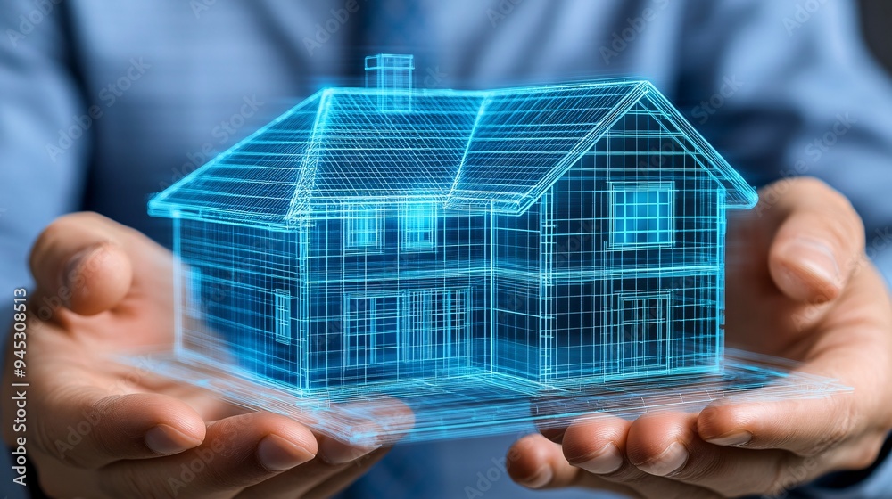 Poster homeowner using a 3d hologram to troubleshoot smart home device connectivity stock photo with copy s