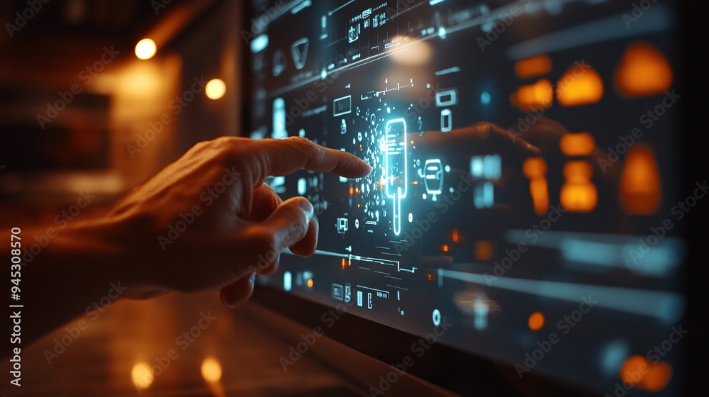 Poster Homeowner using a 3D hologram to troubleshoot smart home device connectivity Stock Photo with copy space
