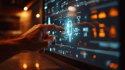 Fototapeta premium Homeowner using a 3D hologram to troubleshoot smart home device connectivity Stock Photo with copy space