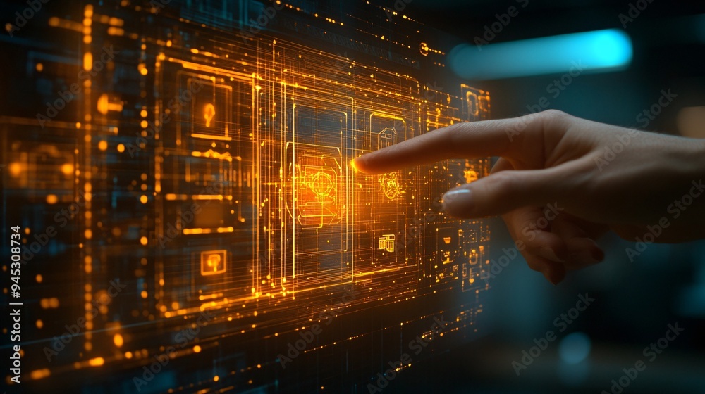 Poster Homeowner using a 3D hologram to troubleshoot smart home device connectivity Stock Photo with copy space