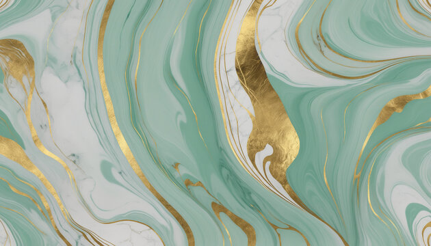 Texture abstrait effet fond fluide texture marbre mouvant liquide or vert menthe pastel blanc.
