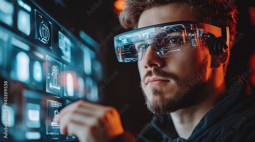 Poster Homeowner interacting with a 3D holographic home automation system to control various devices Stock Photo with copy space