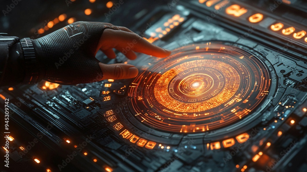 Poster Engineer utilizing a 3D holographic blueprint for machinery assembly and troubleshooting Stock Photo with copy space