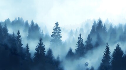 Fototapeta premium background design depicting a silhouette of a pine forest with a soft morning mist enveloping it, using a cool color palette such as light blue and gray